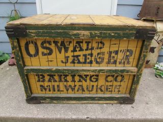 Antique Oswald Jaeger Baking Co.  Milwaukee Wood Advertising Box Crate Vintage