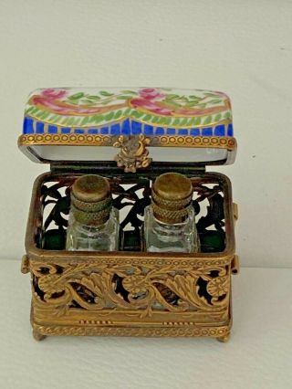 Stunning Antique Limoges France Petit Main Perfume Box Signed J.  B.  W/ Bottles Nr