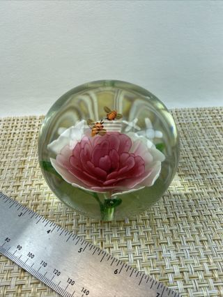 Vintage Hand - Blown Clear Glass Paperweight Pink/green Flower W/honey Bees