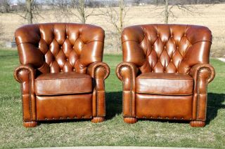 Vintage Pennsylvania House Leather Club Chairs Churchill Recliners Cigar Brown