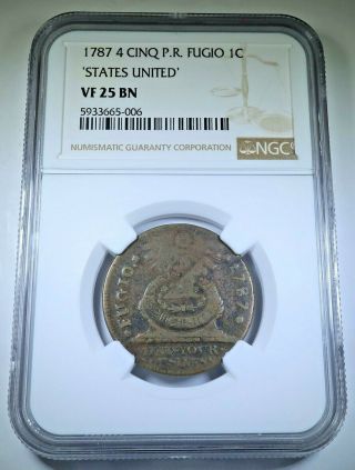 Ngc Vf - 25 1787 United States Fugio Cent 1c Antique Benjamin Franklin Penny Coin