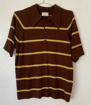 Vintage 60s Short Sleeve Polo Shirt Brown W/ Yellow Stripes Mens L Lord Jeff