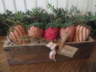 Gathering Of Primitive Handmade Strawberries In Vintage Wood Cheese Box