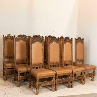 Antique Set Of 12 High Back Oak Dining Chairs With Carved Crown Details
