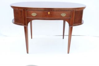 Great English Hepplewhite Inlaid Mahogany Leather Top Irwin Oval Desk,  C.  1930