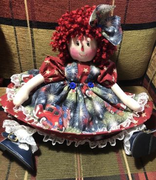 Folk Art Primitive Americana Red Truck Raggedy Anne Cloth Doll