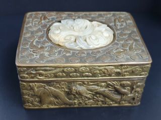 19th Century Chinese Box In Bronze And Jade (?) With Dragons And Phoenix
