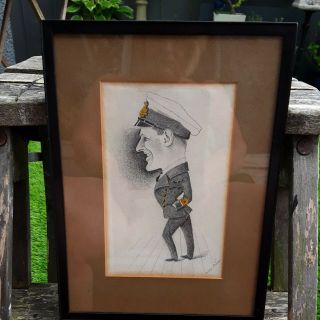 Vintage Charectiture Drawing Of A Navel Officer Signed