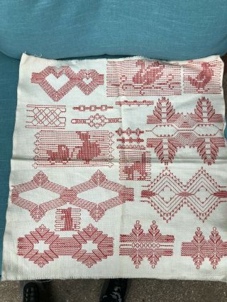 Vintage Antique Red And White Cross Stitch Beginner Sampler Red Work Deco Style