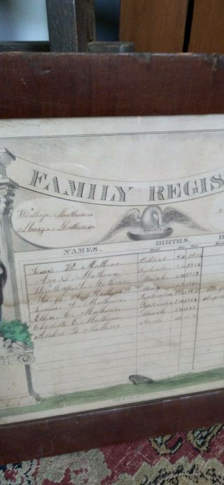 Antique Early Currier Mathews Family Register Fraktur 1831 Wood Frame 16 