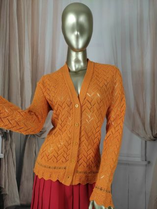 Vintage Acrylic Knitted Bright Orange Long Sleeve V Neck Jacket Cardigan 10/12