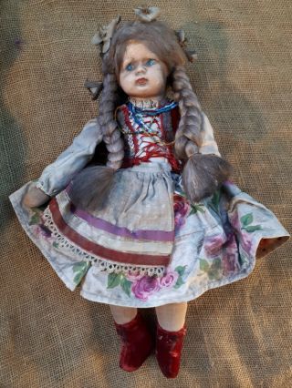 Vintage 1950s Hand - Made Rag Doll With Blown - Celluloid Head.  Alpine Maedchen Girl
