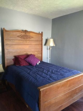 Antique Oak High Back Bed With Footboard,  Rails,  Slats,  Mattress And Box Frame