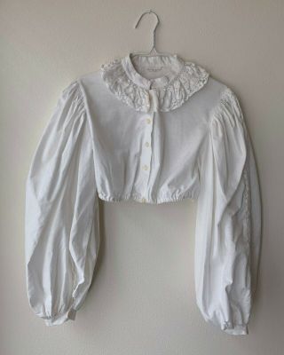 Vintage White Puff Sleeve Crop Shirt Blouse Cotton Crochet Peter Pan Collar Folk