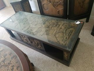 Vintage 1960s Ornate Filipino Carved Wood Coffee Table With Glass Jrep40