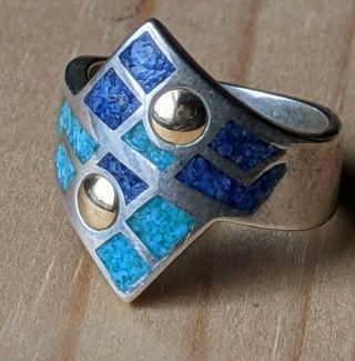 Signed Cco 925 Sterling Lapis Turquoise Inlay Mosaic 14 Karat Ring Antique Size