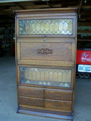 Antique Oak Barrister Bookcase Leaded Glass Quarter Sawn Gunn
