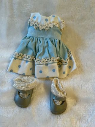 Vintage Vogue Ginny Doll Outfit; Blue & White Dress,  Underwear,  Shoes And Socks