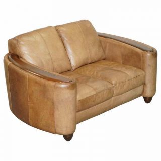 Contemporary Brown Leather Art Deco Style Club Sofa Matching Armchairs Available