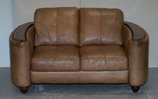 CONTEMPORARY BROWN LEATHER ART DECO STYLE CLUB SOFA MATCHING ARMCHAIRS AVAILABLE 2