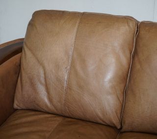 CONTEMPORARY BROWN LEATHER ART DECO STYLE CLUB SOFA MATCHING ARMCHAIRS AVAILABLE 3