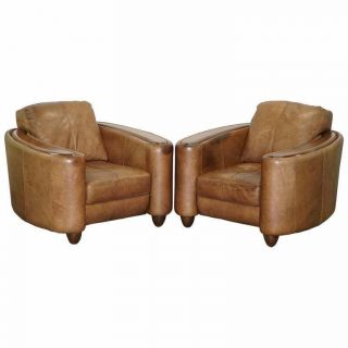 Contemporary Brown Leather Art Deco Style Club Armchairs Part Of Suite
