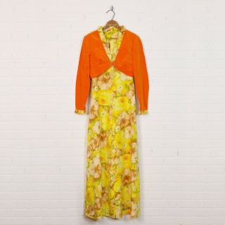 Vtg 70s 2 Pc Yellow Floral Print Maxi Dress Orange Velvet Bolero Shrug Jacket S