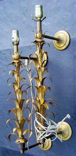 Mid - Century 24 " Italian Gold Metal Leaf Flower Wall Sconces Gc