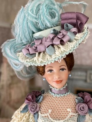 Vintage Artisan Miniature Dollhouse Doll Ooak Silk Victorian Dress Lovely Hat