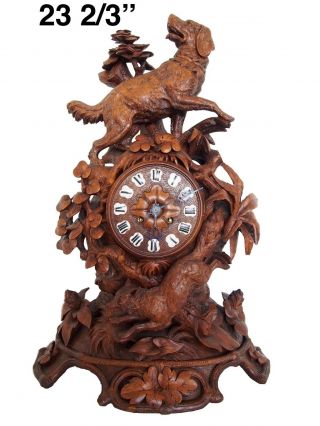 Large Black Forest Carved Mantel Clock Dog & Fox 23 2/3