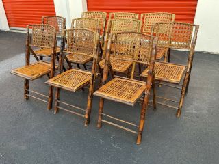 Set Of 10 Hollywood Regency Tortoise Shell Bamboo & Rattan Folding Chairs