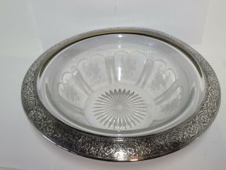 Antique Cut Glass & Sterling Silver Rimmed Bowl - 4 X 10.  5n - Etched Flower - Heavy