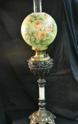 Antique Gwtw Victorian Banquet Parlor Kerosene Oil Lamp Signed