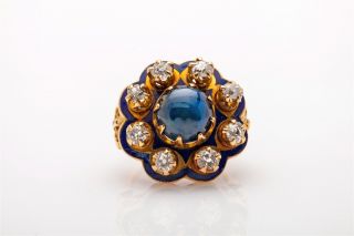 Antique Victorian 5ct Blue Sapphire Mine Cut Diamond Enamel 14k Yellow Gold Ring