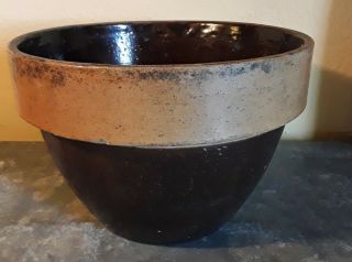 Antique Primitive Stoneware Mixing Bowl Tan & Brown Glazed Rustic Farmhouse 9.  25