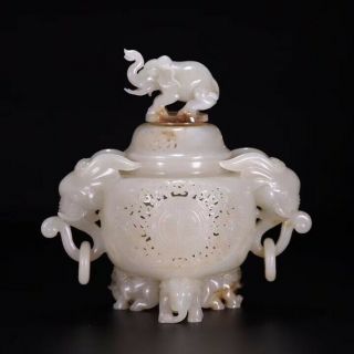 Chinese Antique Carved Elephant Jade Incense Burner