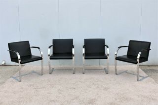 Mid - Century Ludwig Mies Van Der Rohe Black Leather Flat Bar Brno Chairs Set Of 4