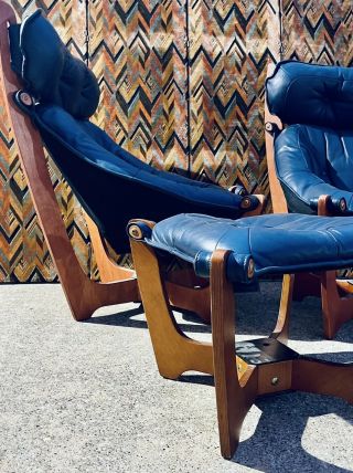 Leather Mid Century Modern Lounge Chairs & Ottoman By Odd Knutsen