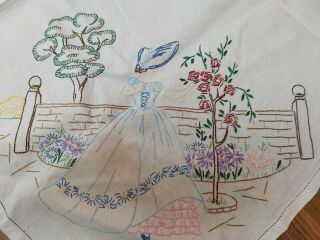 Vintage Crinoline Lady Tablecloth Hand Embroidered Linen Summertime English