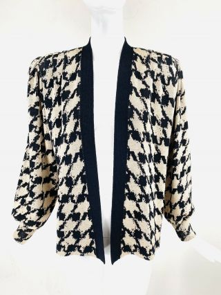 Vintage St John By Marie Gray Beige Black Houndstooth Knit Cardigan Sweater,  6