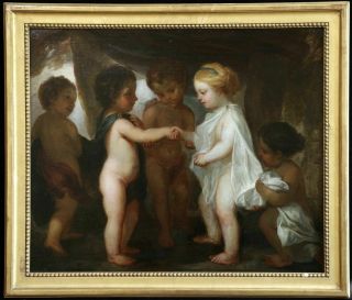 18th Century Fine Large Italian Old Master Oil On Canvas “betrothal Of Putti”