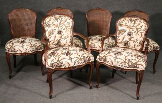 Great Set 6 Crewel Work Upholstered French Louis Xv Dining Chairs Cane Backs
