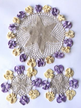 3 Vintage Pansy Crochet Lace Doilies Large Small Cottagecore Handmade Mats