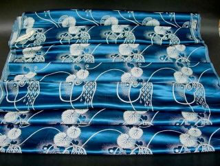 A Antique Chinese Brocade Cobalt Blue Silk Bolt Panel W Flowers,  592 " L