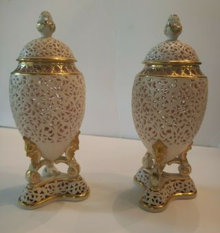 Antique Pair Grainger Royal Worcester Porcelain Pierced Reticulated Lace Urns
