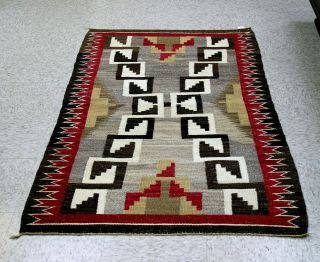 Antique Navajo Storm Pattern Variant Rug 63 " X 36 " C.  1920 Hand - Carded Greys