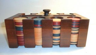 Antique Clay Poker Chips W/ Wood Caddy - Holder.  180,  Red - White - Blue Chips.