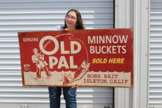 Large Vintage Old Pal Minnow Buckets Fishing Bait Lure Gas Oil 48 " Metal Sign