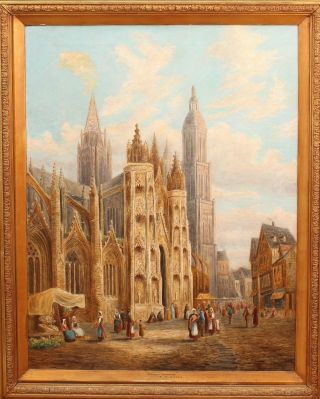 Antique THOMAS ROOKE Architectural Oil Painting NORMANDY France Evreux Cathedral 3