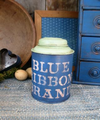 Early Antique Pantry Tin Blue And Green Paint Blue Ribbon Stencil
